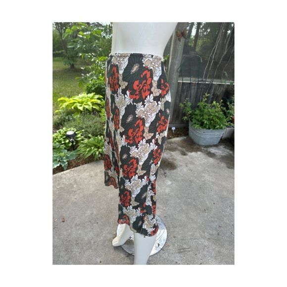 Vtg | 90s Chiffon Floral A-Line Skirt Fairycore Green Tan Orange Elastic Waist S - Picture 5 of 7